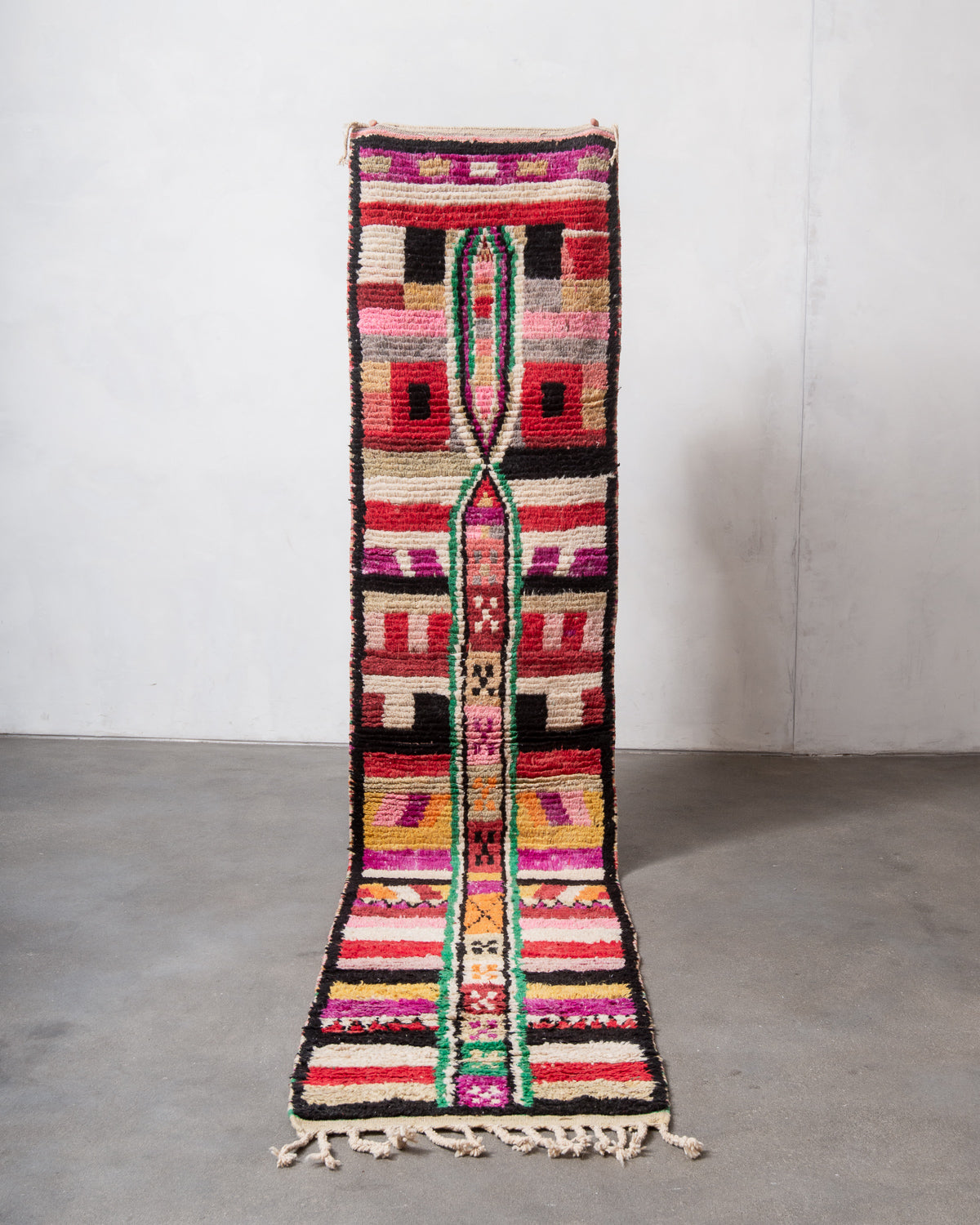 Modern, designer, handcrafted Berber runner rug from Morocco. Vintage carpet with beautiful colours and patterns and fluffy texture